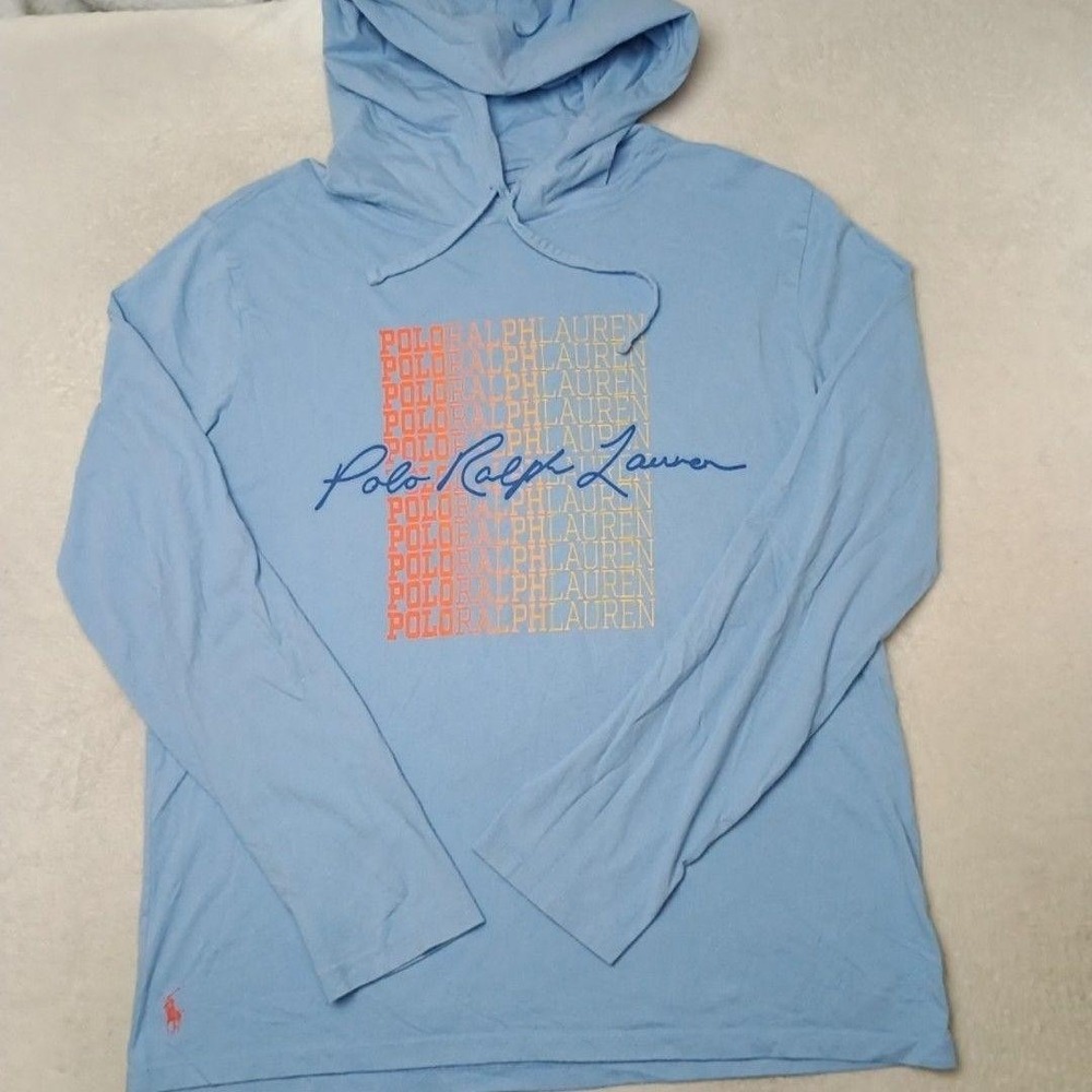 Polo Ralph Lauren Hoodie Mens L Blue Pullover Hooded Graphic Tagless Lightweight